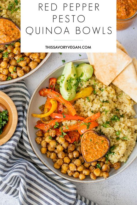 Roasted Veggie Quinoa Bowl, Seasoned Quinoa, Roasted Veg Quinoa Bowl, Pesto Bowl, Chickpea Pesto, Vegan Quinoa Stuffed Peppers, Chickpea & Quinoa Bowl With Roasted Red Pepper Sauce, Charred Peppers, Quinoa Stuffed Bell Peppers Vegan