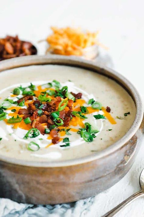 This Homemade Potato Soup is loaded... - Chef Billy Parisi Creamy Potato Soup Recipe, Green Onions Recipes, Bisque Soup Recipes, Homemade Potato Soup, Potato Bacon Soup, Potato Bacon, Bisque Soup, How To Make Potatoes, Bacon Soup