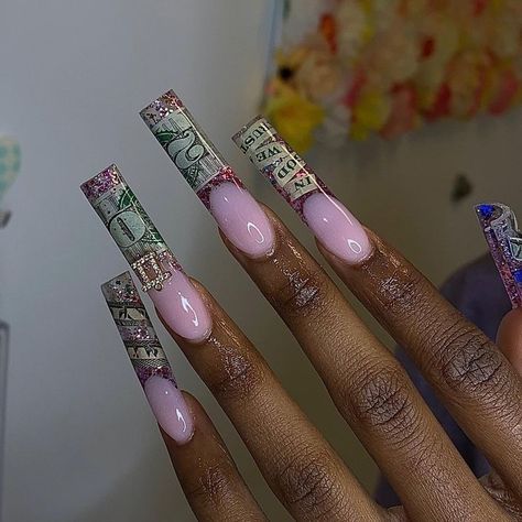 Money Nails, May Nails, Long Acrylic Nail Designs, Blue Acrylic Nails, French Acrylic Nails, Exotic Nails, Long Acrylic Nails Coffin, Acrylic Nails Coffin Pink, Long Square Acrylic Nails