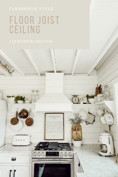 Historic farmhouse with floor joist ceiling in kitchen. #cottagekitchen #floorjoistceiling #kitchenceiling #farmhouse Floor Joist Ceiling, Joists Ceiling, Joist Ceiling, Exposed Joists, Laminate Hardwood Flooring, Cozy Kitchens, Historic Farmhouse, Rustic Farmhouse Kitchen Cabinets, Country Style Furniture