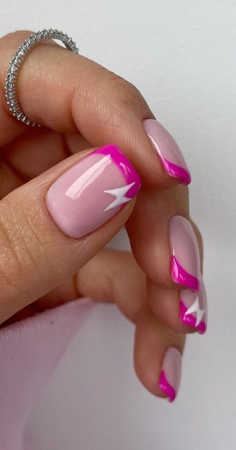 11. Lightning & Hot Pink French Tips Here comes the sun. Chase the sun and enjoy the warmth everywhere you go. Before you go out,... Nail Design Glitter, French Tip Nail Designs, French Manicure Nails, Her Nails, Cute Gel Nails, Pink Acrylic Nails, Hot Nails, Funky Nails, Pretty Acrylic Nails