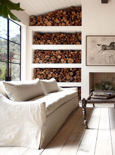 living room with logs Rough Luxe, Diy Projektit, Interior Design Per La Casa, Firewood Storage, Fireplace Ideas, Design Del Prodotto, Design Jobs, Don't Leave, Wood Storage