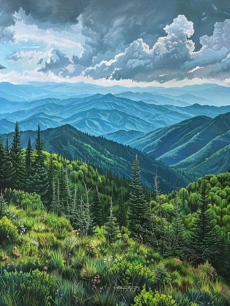 Beautifull Tennessee & Great Smoky Mountains | Great Smoky Mountains from Clingmans Dome in Tennessee 😉 | Facebook Smokey Mountains Painting, Gatlinburg Tennessee Mountains, Smoky Mountains Painting, Smokie Mountains, Tennessee Mountains, Lake House Wall Art, Gatlinburg Vacation, Clingmans Dome, Mountains Painting