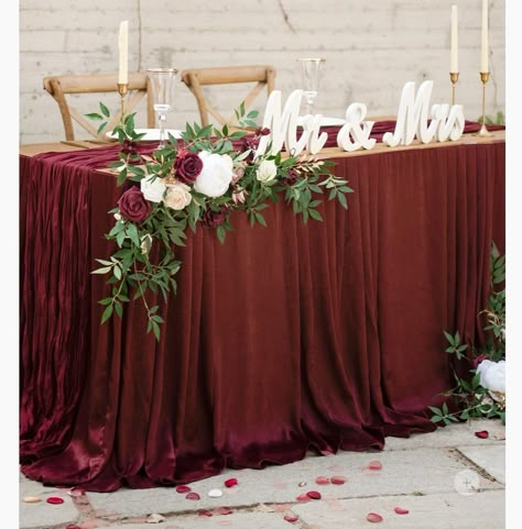 Burgundy Wedding Sweetheart Table, Mr And Mrs Table Burgundy, Burgundy Head Table Wedding, Bride And Groom Table Burgundy, Burgundy And Blush Wedding Sweetheart Table, Wine Red Wedding Decorations, Me And Mrs Table Wedding Ideas, English Wedding Decor, Wine Color Wedding