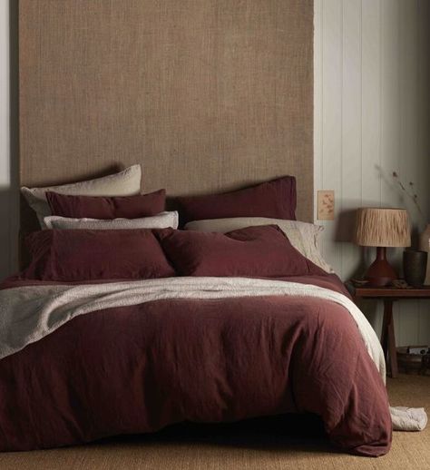 Dark Red Bed Sheets, Autumn Bedding Set, Century Bed, Unique Duvet Covers, Washed Linen Duvet Cover, Cosy Bed, Natural Accessories, Green Duvet, Color Pallete