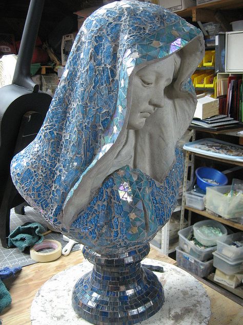 Love this idea to embellish a Mary statue by adding mosaic tiles. Hope I have a Mary garden soon so I can do this! Lady Of Sorrows, Mosaic Madness, Mosaic Stained, Mary Statue, Our Lady Of Sorrows, Mosaic Pieces, Madonna And Child, Mosaic Projects, Catholic Art