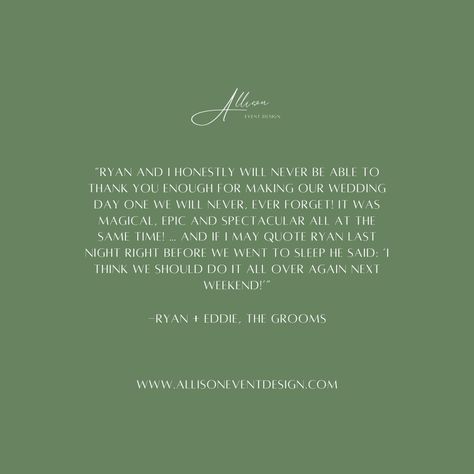 "Ryan and I honestly will never be able to thank you enough for making our wedding day one we will never, ever forget! It was magical, epic, and spectacular all at the same time! ... And if I may quote Ryan last night right before we went to sleep he said 'I think we should do it all over again next weekend!'". - Eddie + Ryan, The Grooms Planning a 2024 or 2025 luxury or destination wedding? Let's tie the knot together → get started at www.allisoneventdesign.com @perryvaile #eventdesign #l... May Quotes, Before We Go, Tie The Knot, Go To Sleep, Our Wedding Day, Tie The Knots, The Knot, To Sleep, Event Design