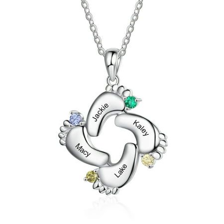 Mementos Jewelry Personalized Sterling Silver Baby Footprint Family Necklace for Women with 4 Birthstones and Names. The necklace is made of SS925 sterling silver with a gorgeous finish. This family necklace is customized with your child's names and birth stones, making it a truly unique and special gift for mom to express your love or gratitude! Size: one size.  Gender: unisex.  Age Group: infant. Footprint Necklace, Birth Stones, Baby Footprint, Mother Necklace, Special Gifts For Mom, Family Necklace, Baby Footprints, Jewelry Personalized, Mothers Necklace