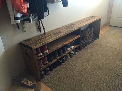 Long Bench With Shoe Storage, Diy Shoe Organizer For Entryway, L Shape Shoe Bench, Diy Shoe Rack And Bench, Coat Rack With Shoe Bench, Entry Way Shoe Organization, Diy Shoe Cubby Bench, Diy Shoe Bench Storage, Shoe Cubby Diy