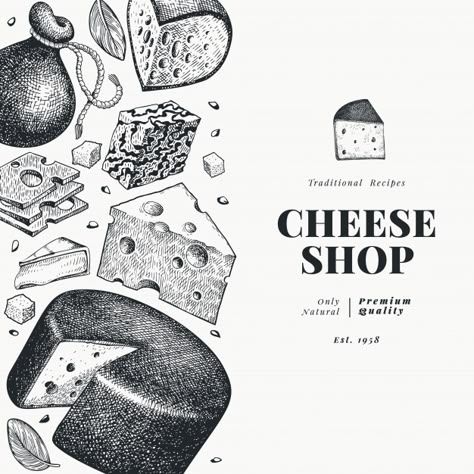 Vintage Cheese Illustration, Cheese Graphic Design, Vintage Food Illustration, Cheese Illustration Design, Cheese Logo Design, Dairy Illustration, Brand Identity Design Layout, Cheese Branding, Cheese Vector