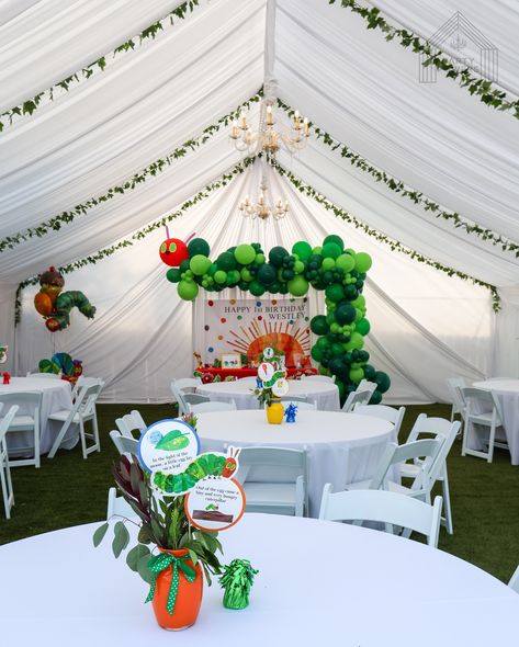 30x30 A Very Hungry Caterpillar Theme 🐛 . Rentals 👇🏽 30x30 Tent with White Draping 2 Gold Chandelies Ivy Vines on the tent 9 round tables with white tablecloth 72 White Padded Chairs 7’x7’ White Pipe and Drape Backdrop with balloons . #tent #draping #white #caterpillar #1st #birthday #party Hungry Caterpillar Backdrop, White Caterpillar, Tent Draping, A Very Hungry Caterpillar, Drape Backdrop, Pipe And Drape Backdrop, White Tablecloth, Ivy Vine, Pipe And Drape