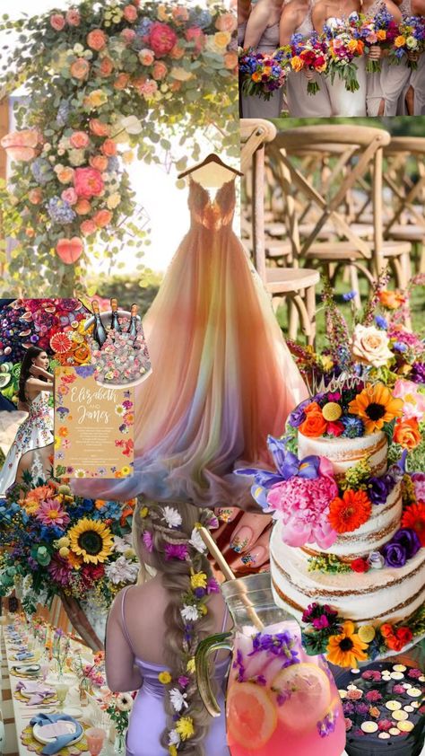 #rainbow #wedding #rainbowwedding #floral #spring Wedding Rainbow Theme, Rustic Rainbow Wedding, Lisa Frank Wedding, Rainbow Wedding Color Palette, Kidcore Wedding, Rainbow Theme Wedding, Wedding Color Pallet Ideas, Crab Wedding, Pastel Rainbow Wedding