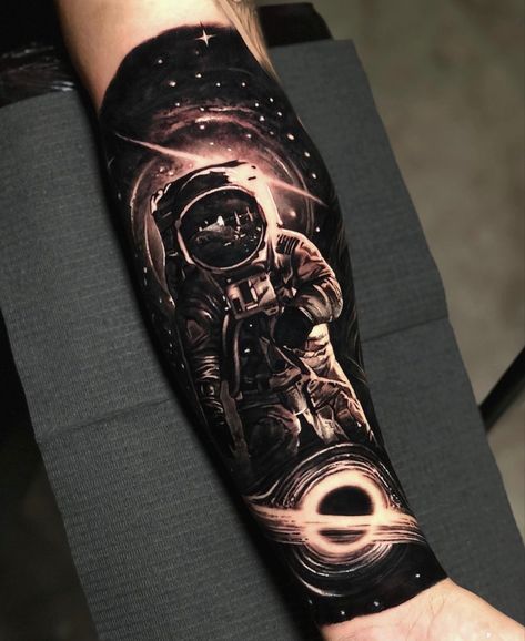 Space Tattoos Forearm, Space Themed Tattoos, Tattoo Astronaut, Space Sleeve, Galaxy Tattoo Sleeve, Black Hole Tattoo, Space Tattoo Sleeve, Tatuaje Trash Polka, Cover Up Tattoos For Men