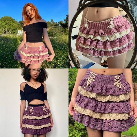 Aurora Layered Skirt Pattern - HookedOnAlyssa's Ko-fi Shop Layered Crochet Skirt, Crochet Skirt Pattern Free Tutorials, Goth Crochet Skirt, Crochet Tiered Skirt, Free Crochet Skirt Pattern, How To Crochet A Skirt, Crocheting Skirt, Crochet Fairy Skirt, Crochet Patterns Skirt