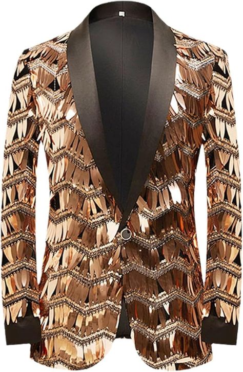 Mens Wave Striped Gold Sequin Blazer Jacket Shawl Lapel One Button Shiny Wedding Party Suit Jackets Dinner Tuxedo Blazer at Amazon Men’s Clothing store Gold Sequin Blazer, Sequin Suit, Prom Dinner, Gold Blazer, Sequin Blazer, Tuxedo Blazer, Party Suits, Prom Suits, Tassels Fashion