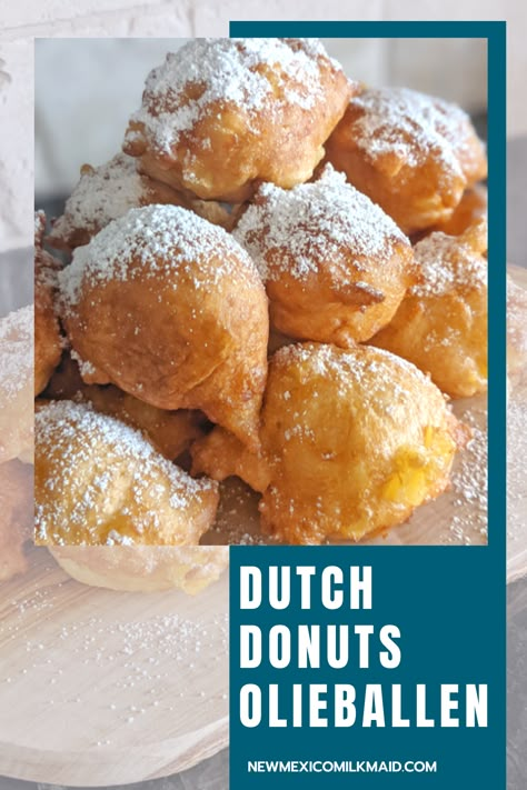 Oliebollen a Dutch homemade donut. A donut made with apples and topped with powdered sugar. - Join in on this Dutch Tradition. #homeadedonuts #dutchdonuts | breakfast recipes | apple donuts | Dutch Apple Fritters, Dutch Recipes Traditional, Amish Donuts Recipe, Traditional Dutch Recipes, Homemade Donut, Netherlands Food, Dutch Cuisine, Buttery Rolls, Dairy Farming