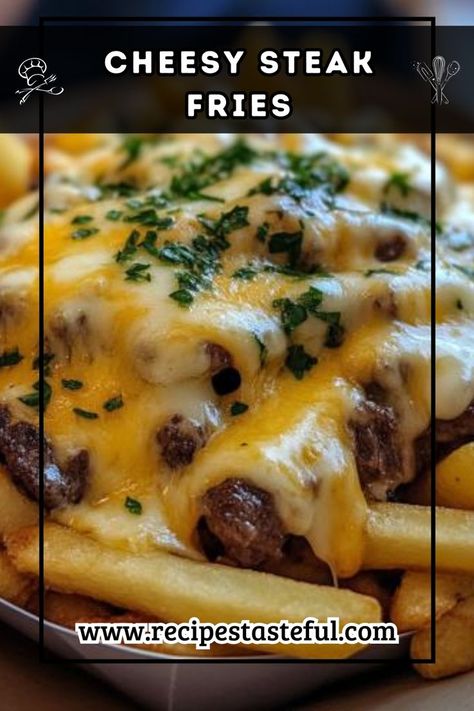 Satisfy your cravings with these irresistible cheesy steak fries, loaded with juicy steak bits and smothered in melted cheese, garnished with fresh parsley for a perfect finish. Steak Fries Recipe, Steak Bits, Loaded Fries Recipe, Steak Stirfry Recipes, Fried Steak Recipes, Steak And Onions, Crispy Fries, Fries Recipe, Juicy Steak