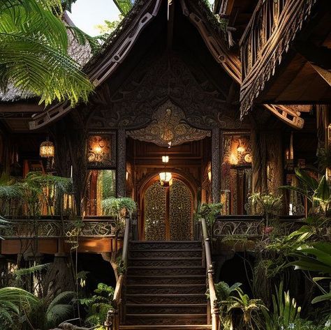 Traditional Indonesian Architecture, Indonesian House Traditional, Indonesia Traditional House, Thai Houses, Indonesian Rainforest, Indonesian Architecture, Crazy Architecture, Thai House Design, Intricate Woodwork