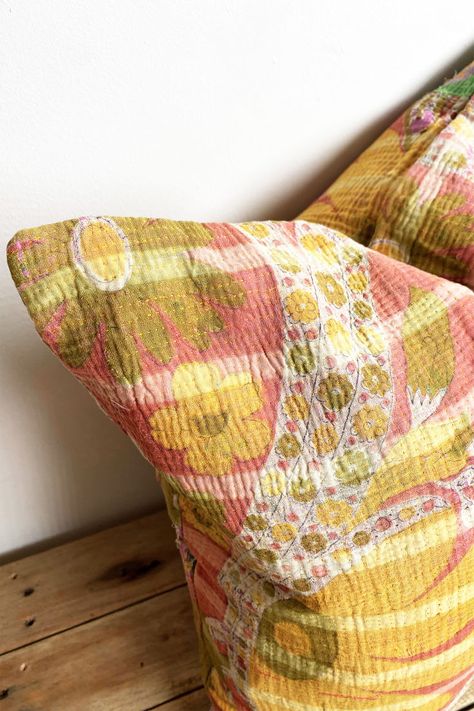 Unique yellow flower Boho Vintage Kantha Cushion - Biggs and Hill Colorful Boho Decor, Yellow And Pink Flowers, Kantha Cushions, Boho Texture, Cream Cushions, Retro Yellow, Rural India, Round Off, Bedroom Quilts