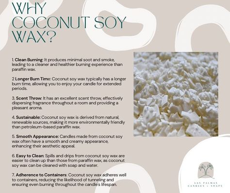 🌴 Discover the Magic of Coconut-Soy Wax! 🌴 At Las Palmas Candles + Soaps, we believe that the ingredients we use make all the difference. That’s why we carefully select the best components for our products. One of our favorites? Coconut-Soy wax! #LasPalmasCandles #CoconutWax #EcoFriendly #HandmadeCandles #CleanBurn #SustainableLiving #NaturalIngredients #CandleLovers #PuertoRicoInspired Homemade Scented Candles, Coconut Benefits, Candle Making Wax, Coconut Wax Candles, Renewable Sources, Paraffin Wax, Handmade Candles, Sustainable Living, Soy Wax Candles