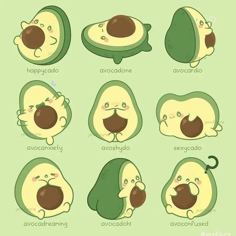 ☁️Kawaii Hearts Club☁️ on Instagram: “😂 All these funny and adorable avocados by @jennifayrie, which one are you? 🥑 Credits: @jennifayrie 🌸Follow @kawaiihearts.club for your…” Cute Avocado Drawing, Avocado Drawing, A Cute Drawing, Avocado Art, Cute Avocado, Food Illustration Art, Background Green, Kawaii Illustration, Cute Food Drawings