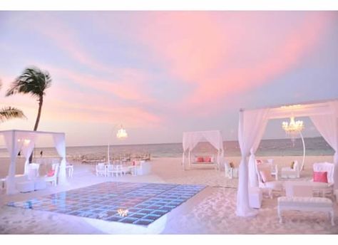 Beach wedding set up Finest Playa Mujeres Wedding, Night Beach Weddings, Finest Playa Mujeres, Beach Reception, Sunrise Wedding, Wedding Reception Seating, Dance Floor Wedding, Wedding Muslim, Cancun Wedding