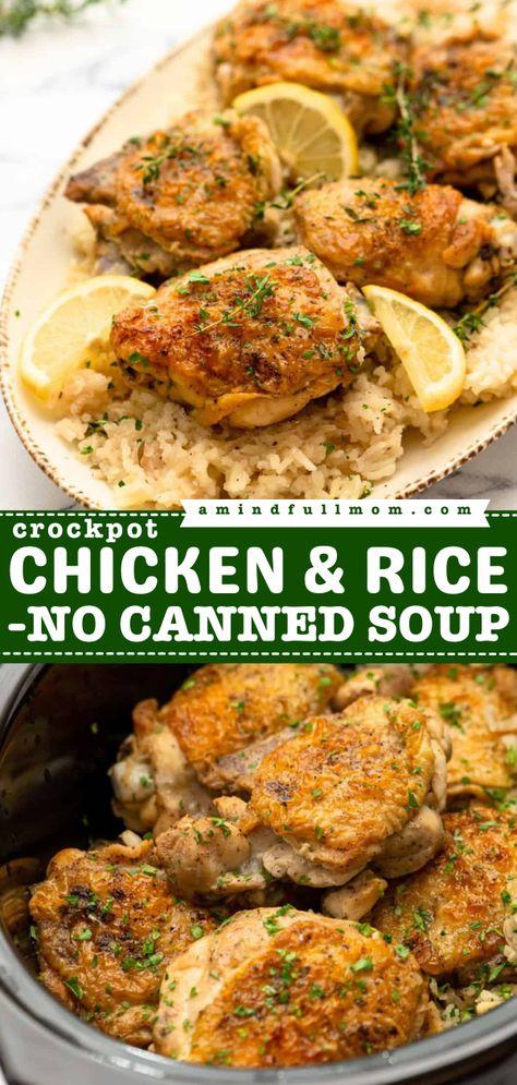 Crockpot Chicken and Rice is an easy, all-in-one slow cooker dinner featuring crispy chicken thighs and perfectly seasoned rice. Chicken Thigh And Rice Recipe, Slow Cooker Chicken Rice, Crockpot Chicken And Rice, Chicken And Rice Crockpot, Crockpot Chicken Thighs, Crockpot Chicken Healthy, Slow Cooker Chicken Thighs, Crockpot Chicken Breast, Crispy Chicken Thighs