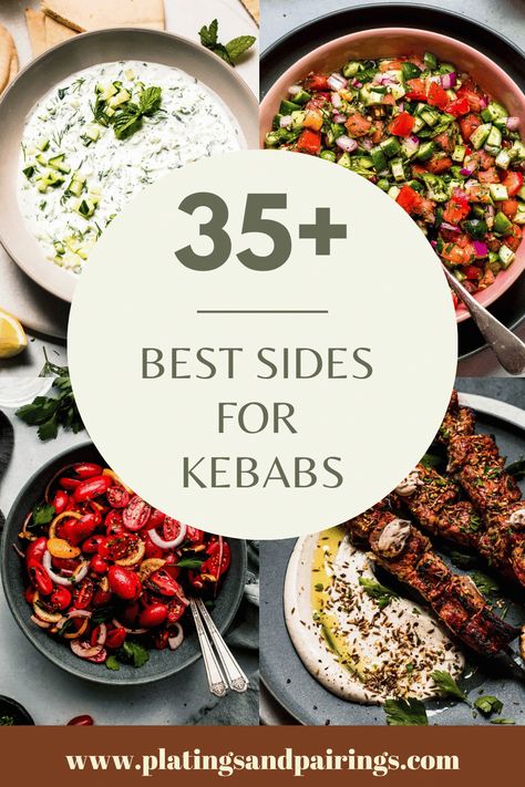 Wondering what to serve with kebabs for dinner? This handy guide covers all of the best sides for these grilled skewers – from veggies, to salads, and more! Side Dishes For Skewers, What Goes With Kabobs, What To Serve With Kabobs Meals, What To Serve With Chicken Kabobs, What Sides Go With Kabobs, Chicken Skewer Sides, Sides For Skewers, Kabobs On The Grill Sides Dishes, Side For Kabobs