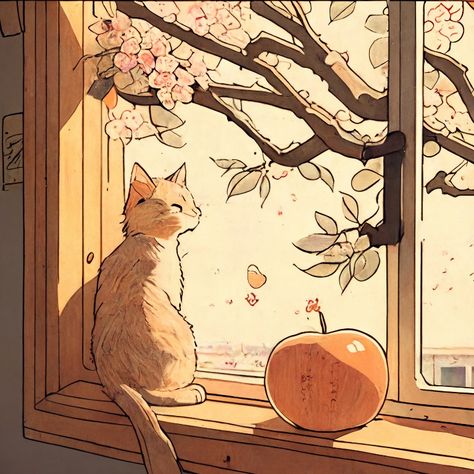 Cat Sitting In Window Drawing, Cat On Tree Drawing, Cat In A Tree Drawing, Aesthetic Window Drawing, Cat In Window Illustration, Cat Sitting Illustration, Cat Looking Out Window Drawing, Cat Window Painting, Outside Drawings