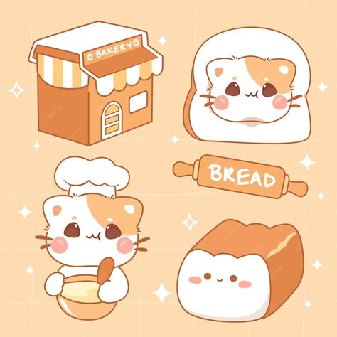 Premium Vector | Cute bakery elements collection kawaii food style Cute Candy Drawing, Bakery Elements, Kawaii Food Drawings, Bakery Logo Inspiration, Cute Kawaii Art, Cat Bread, Candy Drawing, Idea Sticker, Kawaii Foods