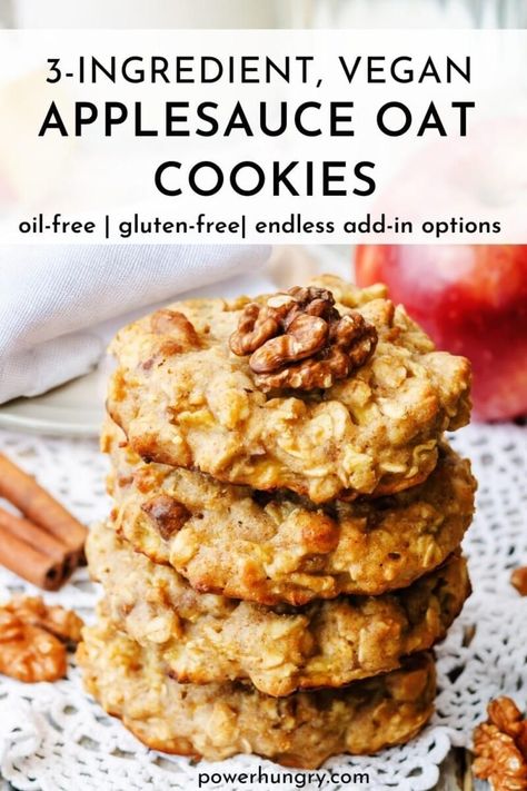 3-Ingredient vegan applesauce oat cookies are oil-free, gluten-free & endlessly variable! Enjoy them for breakfast, snack-time, or dessert. #applesauce #wfpb #wfpbno #oilfreecookies #3ingredients #oats #3ingredientrecipe #3ingredientcookies #wfpbnobaking #oilfreevegan #plantbased #cleaneating #cleaneats #applesaucecookies #oatcookies #wfpbnorecipe #wfpbbaking #wfpbnocookies #wfpbfamily #wfpbrecipes #breakfastcookie #toddlercookie Low Calorie Vegan Cookies, Healthy Cookies Vegan, Vegan Oatmeal Cookies 3 Ingredients, Vegan Oil Free Dessert, Wfpb Desserts No Oil, Vegan Oat Cookies, Allergy Free Cookies, Vegan Applesauce, Healthier Cookies