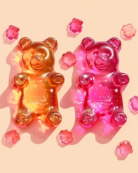 Image Gummy Bear Watercolor, Gummy Bears Art, Pink Aesthetic Decor, Gummy Art, Birthday Ads, Bears Art, Jelly Bear, Vibrant Food, Jelly Bears