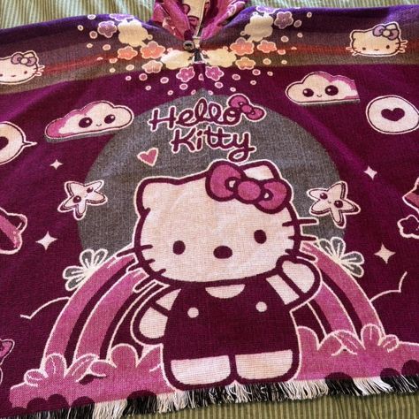 Hello kitty blanket poncho 
Fully open so as long as ur head fits through it will fit does have a hood and button closure around the neck 





#hellokitty #sanrio #poncho #cute #coquette Hello Kitty Blanket, Blanket Poncho, Cute Coquette, Women's Accessories, Hello Kitty, Kitty