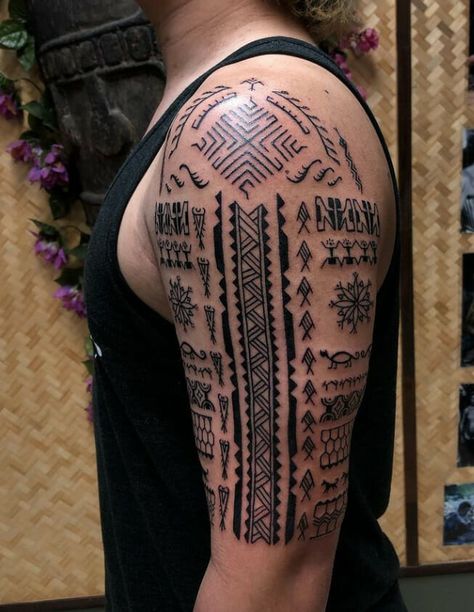 Contemporary Filipino Tribal Arm Tattoos Traditional Filipino Tattoo, Shoulder Tattoos For Men, Journey Tattoo, Arm Tattoo Design, Ethnic Tattoo, Front Shoulder Tattoos, Cool Shoulder Tattoos, Small Shoulder Tattoos, Filipino Tattoos