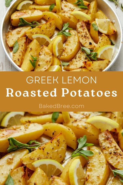 Experience a burst of Mediterranean sunshine with these Greek Lemon Roasted Potatoes! Zesty, golden, and a flavorful journey for your taste buds. Lemon Garlic Potatoes Greek, Greek Lemon Potatoes Authentic, Greek Style Lemon Roasted Potatoes, Golden Potato Recipes, Greek Lamb Roast Lemon Potatoes, Greek Style Potatoes Lemon, Greek Roasted Potatoes, Lemon Roasted Potatoes, Baked Greek Chicken