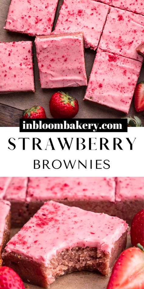 Brownies Flavor Ideas, Fruity Brownies, Brownie Types, In Bloom Bakery, Bloom Bakery, Strawberry Brownies, Dessert Bar Recipe, Pink Icing, Brownie Ingredients