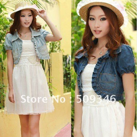 Fashion Women Spring Summer Casual Denim Jean Ruffle Short Tops Blouse Shrug Short Sleeves Lapel S M L Light Blue Dark Blue-in Basic Jackets... Denim Shrug, Blue Jean Heels, Jeans Frock, Fashion Trending Moodboard, Long Shrug, Casual Denim Jeans, Shrug For Dresses, Jean Jacket Outfits, Denim Jacket Outfit