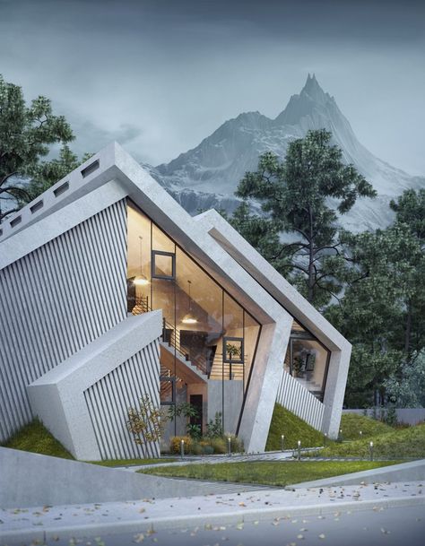 the concrete 'pentahouse' by wamhouse studio is inspired the shape of mountains designboom Villa Architecture, Model Architecture, Plans Architecture, Studios Architecture, Architectural Interior, Concrete House, Architecture Design Concept, Modern Architecture House, Unique Architecture