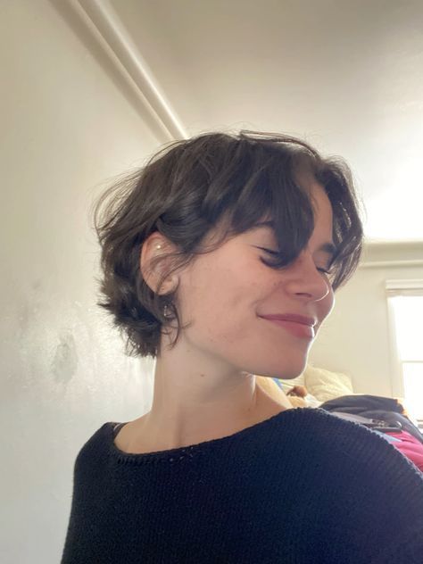 Short Haircut With Volume, Above The Chin Haircuts, Short Curly Feminine Haircut, Curly Bixie 90s, Corky Haircut, Curly Tomboy Haircut, Growing Out Mullet, Short Hair Mullet Woman, Short Shag Hairstyle Women