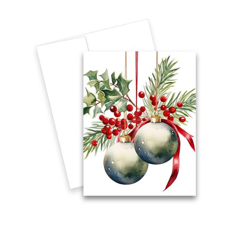 "These adorable cards with envelopes come in sets of 6, 12, or 24 and are printed on heave weight card stock. Choose from 2 card sizes, 5.5\"x 4.5\" or 5\"x 7\". The cards are blank on the inside, ready for your own special message. Great for any occasion to add that special touch, create heartwarming notes for birthdays, weddings, anniversary, just because, thank you, thinking of you, holidays, graduation, sympathy and get well cards. Details:  - Choose from 2 sizes 5.5\"x 4.5\" (A2)      or 5\ Christmas Ornament Cards, Painted Christmas Cards, Watercolour Cards, Christmas Note Cards, Christmas Card Ornaments, Christmas Note, Ornament Card, Christmas Card Art, Christmas Card Set