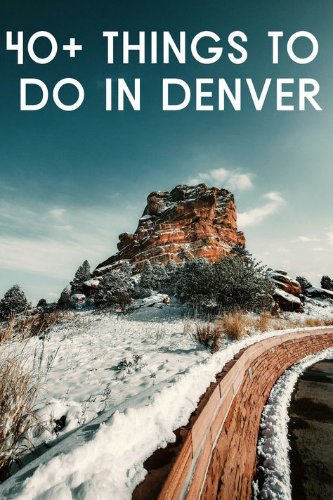 A snowy landscape view of Red Rocks Park and Amphitheatre in winter showcasing natural rock formations, part of things to do in Denver. Denver Travel Guide, Colorado Activities, Denver Trip, Things To Do In Denver, Denver Travel, Visit Denver, Denver Botanic Gardens, Colorado Art, Colorado Denver