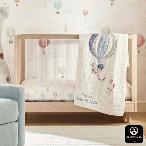 Dreaming of a beautiful nursery? Partner with our ✨Free✨ Design Crew to bring these stylish, quality-crafted pieces home😍 Air Balloon Nursery, Balloon Nursery, Neutral Crib, Balloon Mobile, Hot Air Balloon Nursery, Crib Bedding Girl, Nursery Room Inspiration