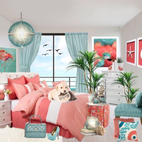 #coralbedroom #coraldecorideas #coral #bedroom Coral Girls Bedroom, Coral And Teal Bedroom, Coral Bedroom Decor, Pink And Teal Bedroom, Beachy Bedroom Decor, Coral Furniture, Bedroom 80s, Coral Bedroom, Coral Girls