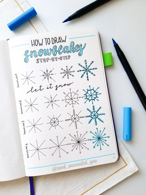 How to draw snowflakes. ❄☃ Christmas Letter Ideas Creative, How To Draw Snowflakes, Snow Bujo Theme, Bujo Winter Theme, Draw Snowflake, Snowflake Doodle, Bujo Snowflake Theme, Bullet Journal Ideas December, January Bullet Journal Ideas