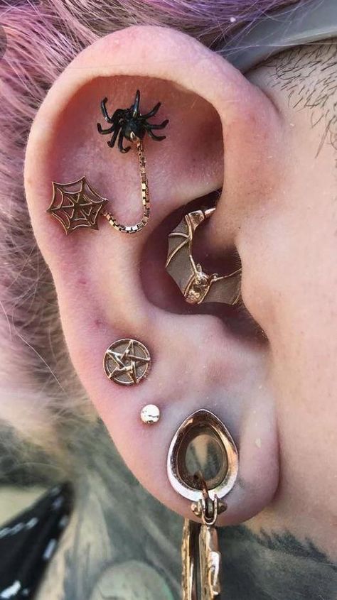 Witchy Piercings Ear, Piercings With Stretched Ears, Halloween Ear Curation, Stretched Ear Piercings, Ear Piercing Ideas Gauges, Pretty Stretched Ears, Ear Piercings With Stretched Ears, Ear Piercing Themes, 14g Stretched Ears