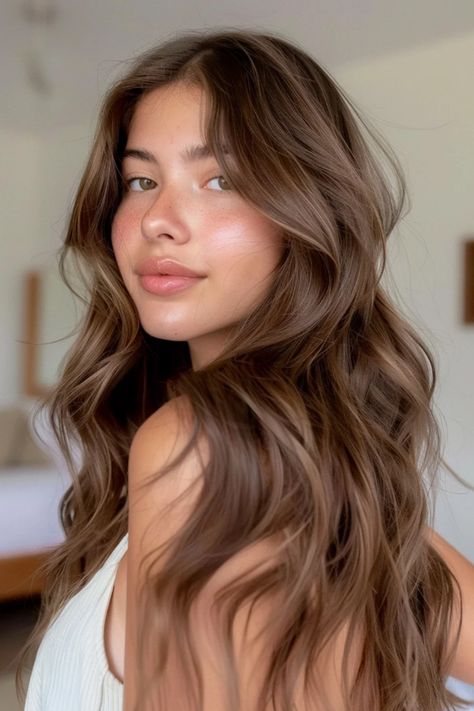 Woman with wavy, chestnut brown hair, wearing a white top, gazing at the camera in a softly lit room. Balayage For Tanned Skin, Dark Chestnut Blonde Hair, Highlights On Auburn Brown Hair, Coppery Gold Hair, Plain Brown Hair Color, Warm Brown Hair With Red Undertone, Solid Brunette Hair Color Dark Brown, Brown Hair With No Red Tones, Brunette Hair Color Inspiration