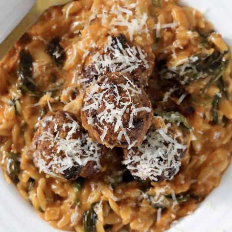 Pork Meatballs with Creamy Tomato Risoni Rissoto And Meatballs, Garlic Parmesan Orzo, Orzo Spinach, Parmesan Orzo, Pork Meatballs, Panko Crumbs, Garlic Parmesan, Weeknight Dinners, Sausage Recipes