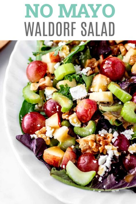 This healthy Waldorf salad recipe with grapes is tossed in a refreshing vinaigrette instead of a mayo dressing for a modern twist on this classic salad! The best part is, it can be tossed together in less than 30 minutes! {Gluten-free & vegetarian} Waldorf Salad No Mayo, Modern Waldorf Salad, Waldorf Salad Recipe Original, Waldorf Salad Dressing, Waldorf Salad Recipe Healthy, Recipe With Grapes, Classic Waldorf Salad, Waldorf Salad Recipe, Salad With Grapes