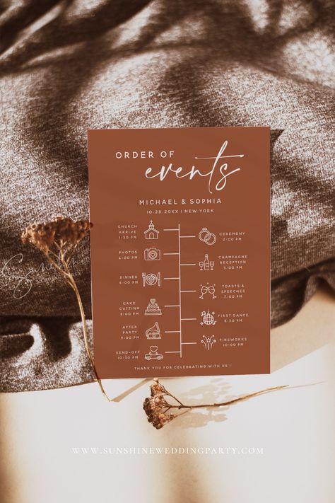 Order Of Events Wedding, Itinerary Wedding, Order Of Events, Wedding Schedule, Terracotta Wedding, Tulum Wedding, Schedule Printable, Wedding Itinerary, Itinerary Template