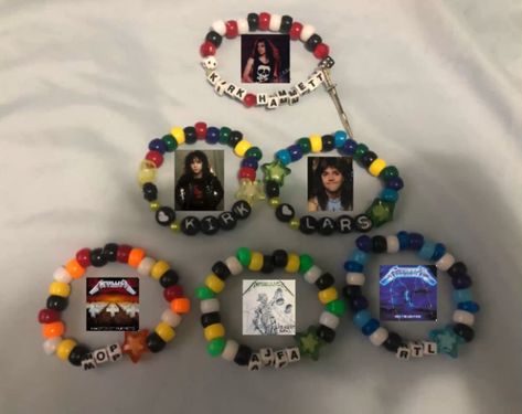 Gifts For Metalheads Diy, Twd Bracelet, Metallica Bracelet, Band Kandi, Kandi Aesthetic, Kandi Cuff Ideas, Scene Bracelets, World Of Wearable Art, Bead Things